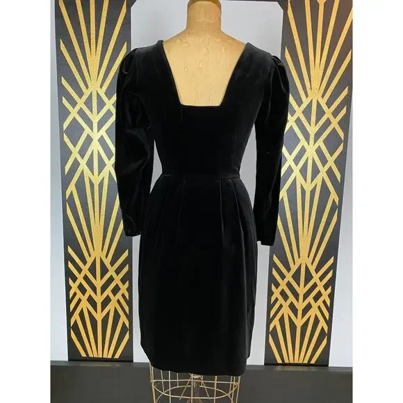 1980s black velvet embroidered Laura Ashley dress pleated puff shoulders 80s sm - Picture 9 of 10